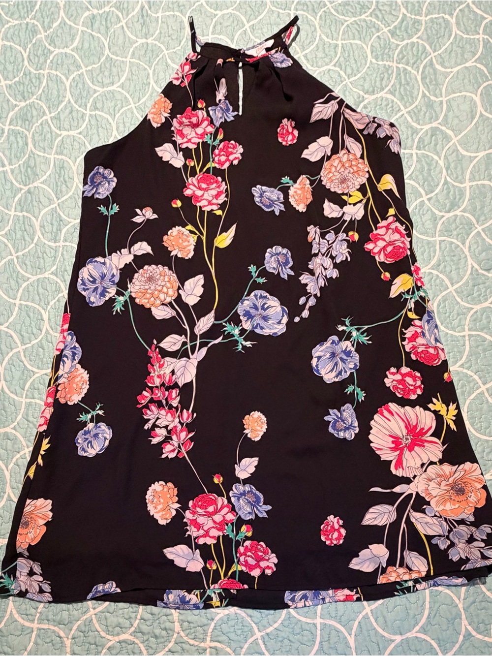 Candie's Black Floral Halter Dress with Pink, Blue & Peach Blooms
